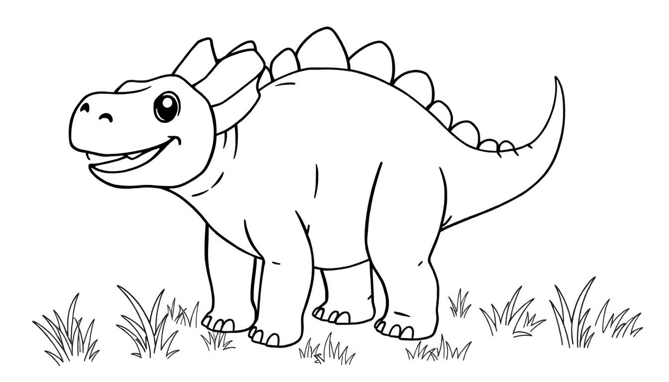 A cute cartoon Ankylosaurus in black and white outline, ready for a color panel adventure, with its tail club raised.