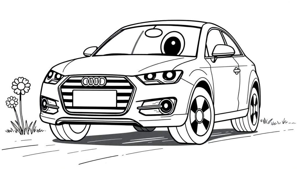 Cute cartoon Audi car with a big eye, ready for coloring fun on a color panel.