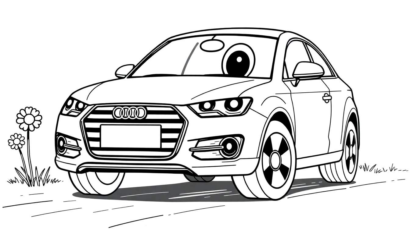 Cute cartoon Audi car with a big eye, ready for coloring fun on a color panel.