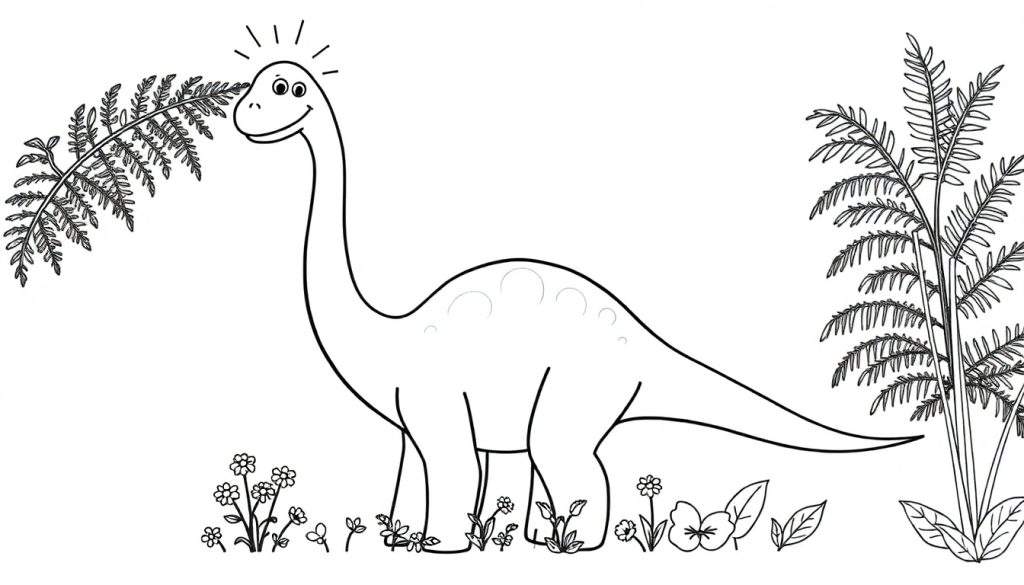 A friendly Brachiosaurus coloring panel with a long neck, enjoying a sunny day among prehistoric plants.