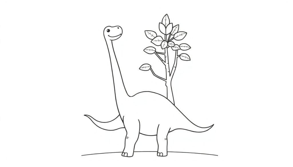 A cute Brachiosaurus coloring panel with a friendly smile next to a tree.