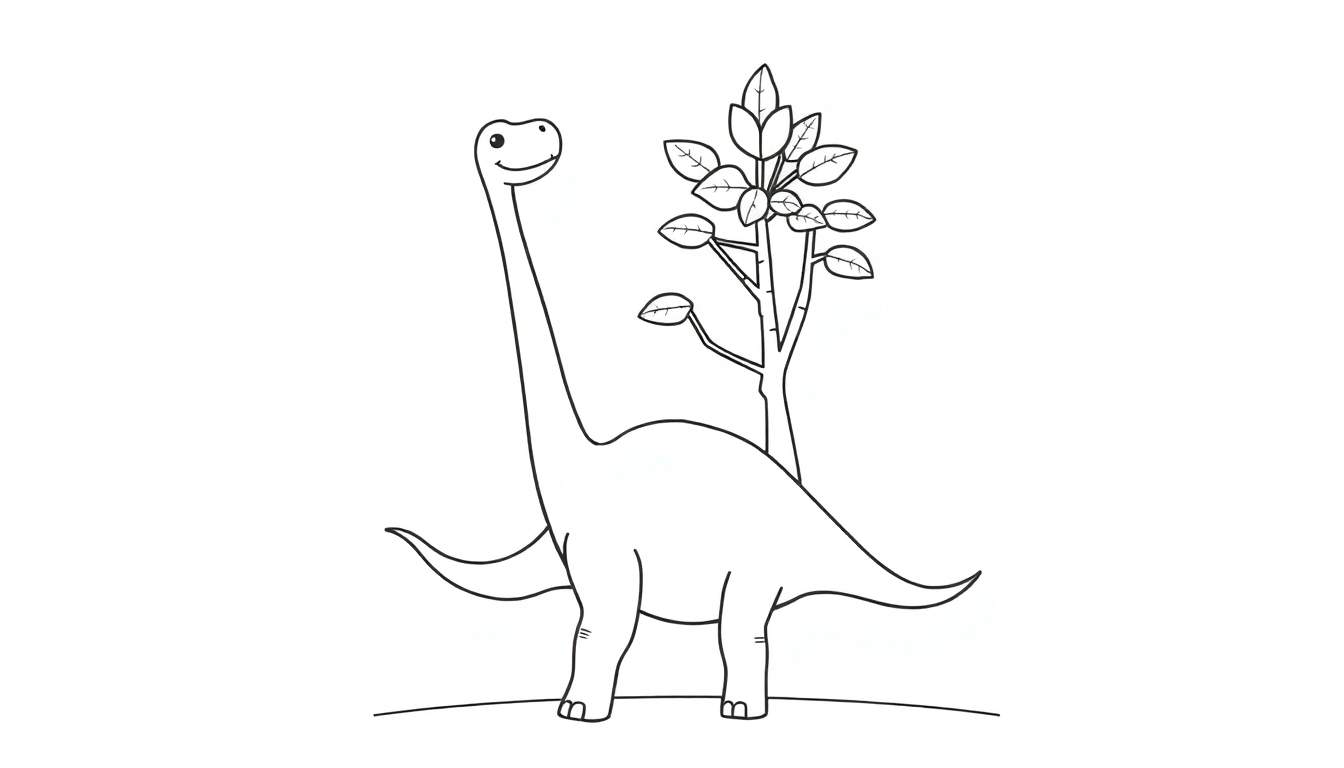 A cute Brachiosaurus coloring panel with a friendly smile next to a tree.