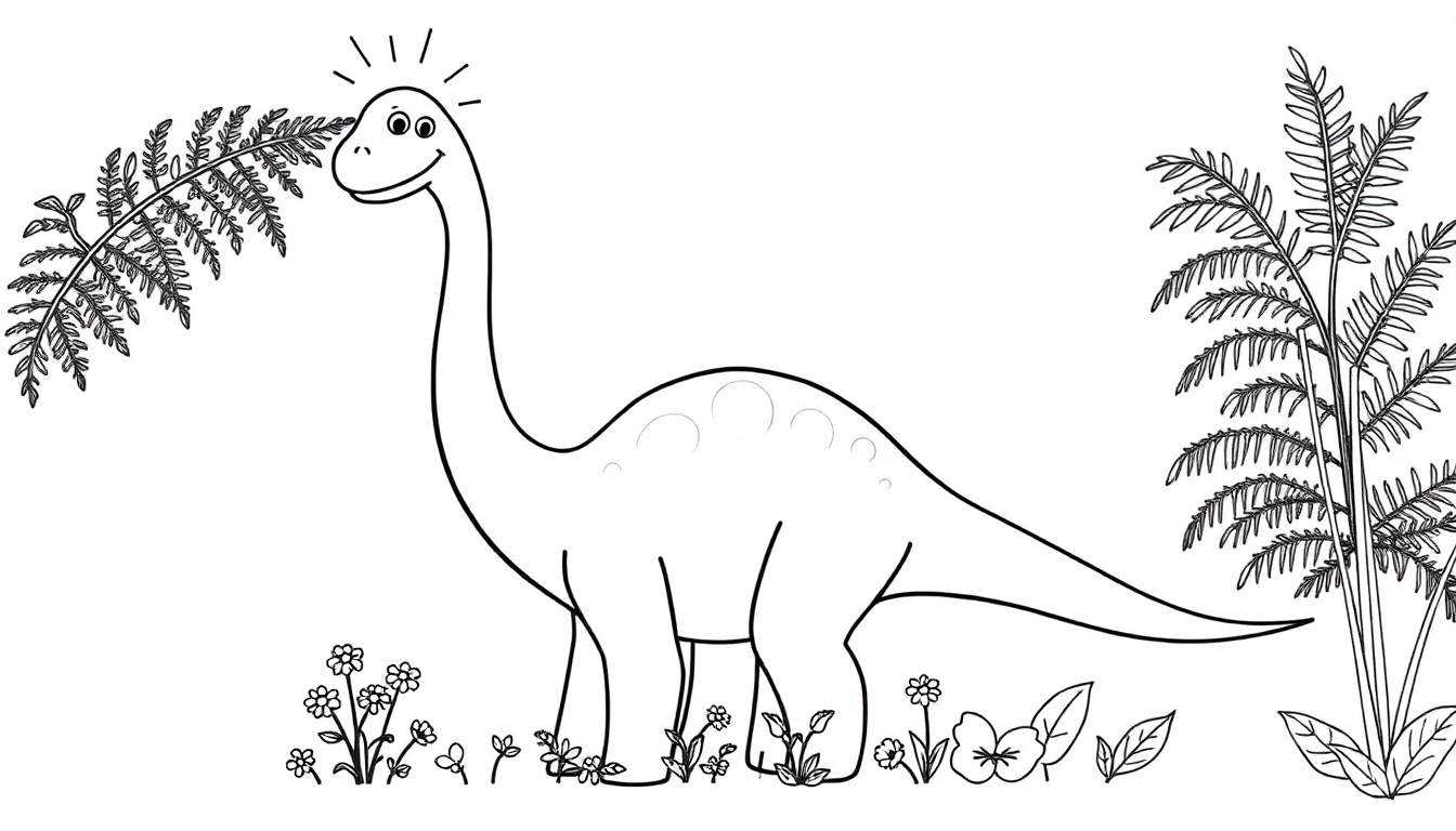 A friendly Brachiosaurus coloring panel with a long neck, enjoying a sunny day among prehistoric plants.