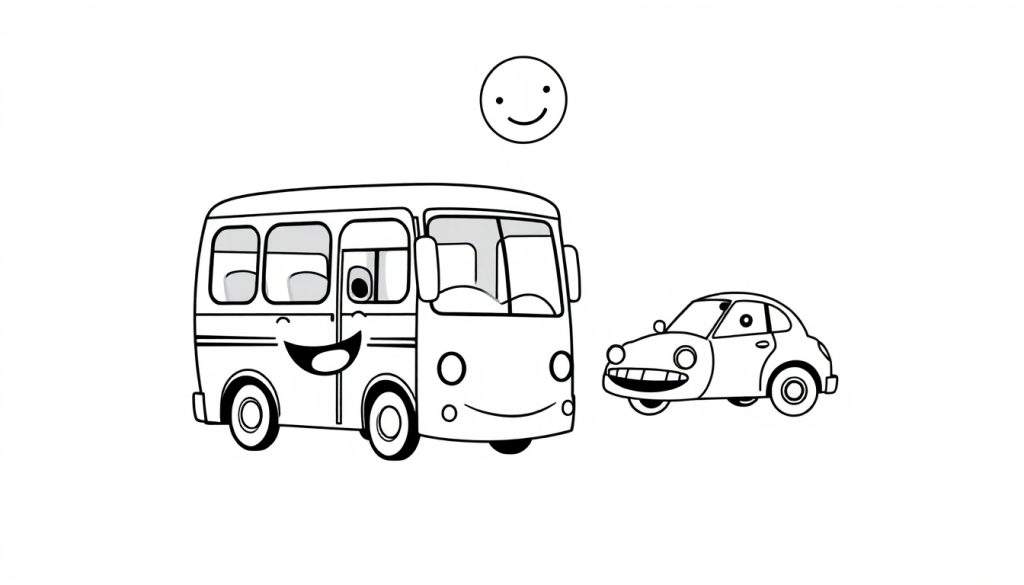 A black and white color panel showing a happy school bus waving goodbye to a small smiling car. A smiley face is above the bus.