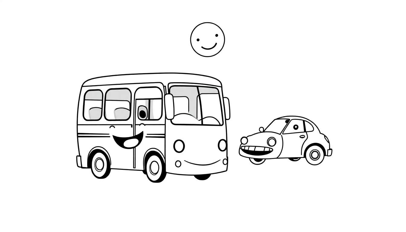 A black and white color panel showing a happy school bus waving goodbye to a small smiling car. A smiley face is above the bus.