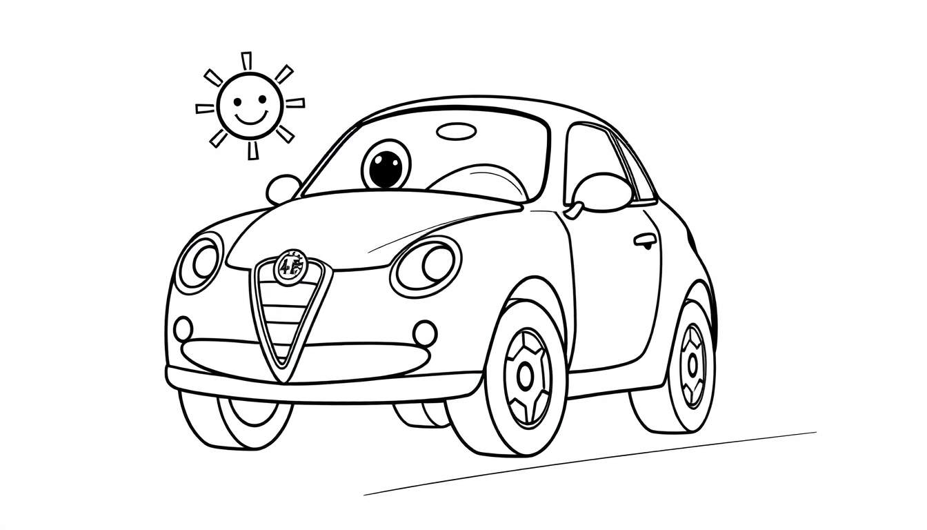 A cute black and white Alfa Romeo car with friendly eyes and a smiling sun, ready for a color panel adventure.