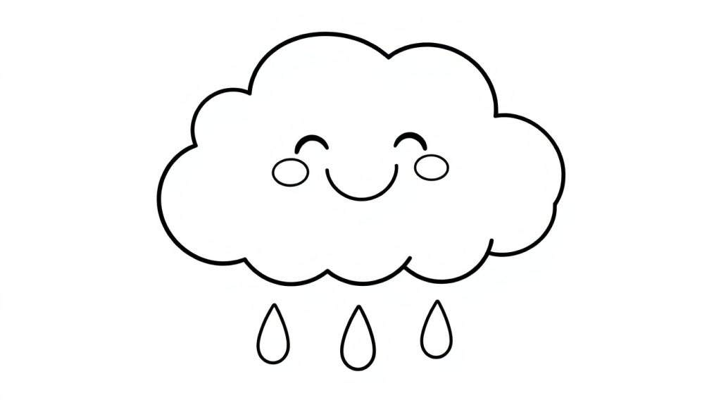 A cartoon rain cloud with a smiling face, waving hello, for a black and white color panel.