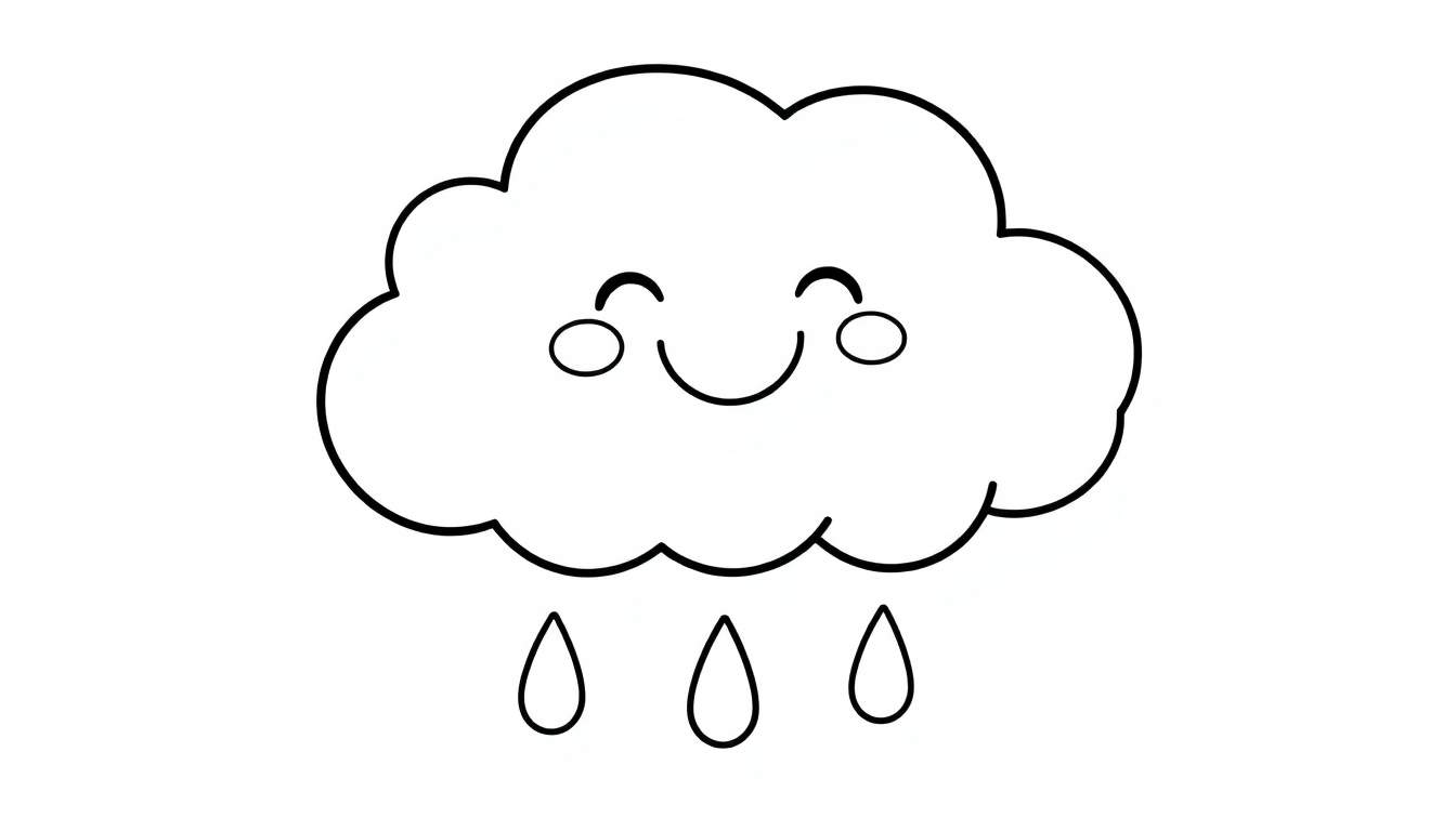 A cartoon rain cloud with a smiling face, waving hello, for a black and white color panel.