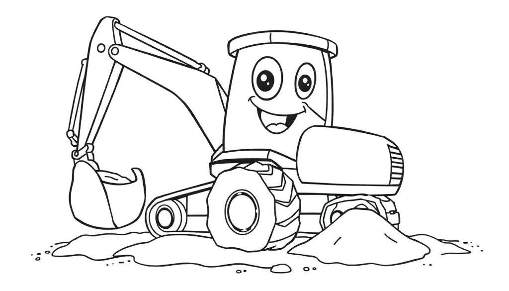 A friendly black and white cartoon digger with a smiling face, ready for coloring. It's parked next to a pile of sand, waiting for your art supplies!