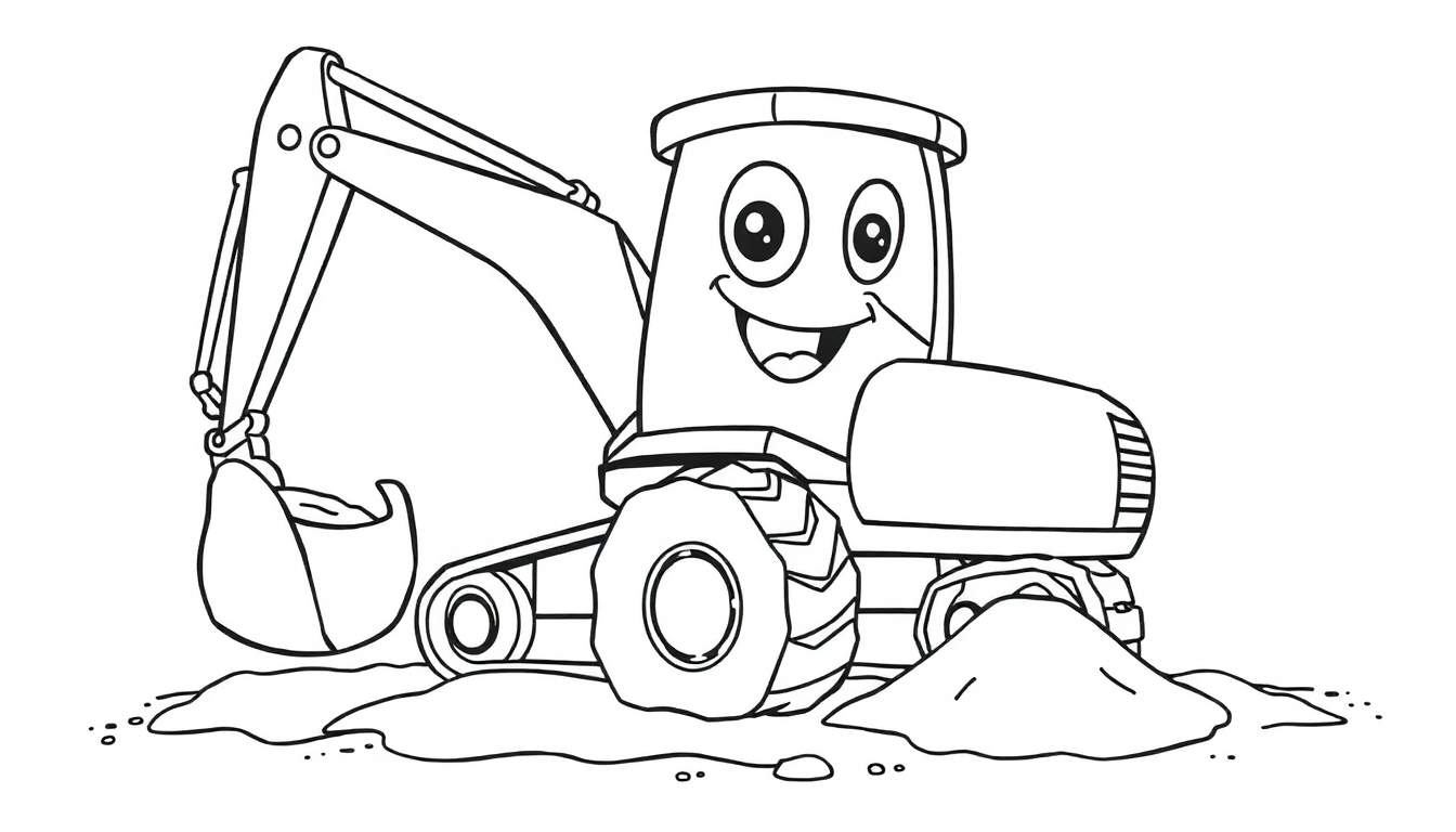 A friendly black and white cartoon digger with a smiling face, ready for coloring. It's parked next to a pile of sand, waiting for your art supplies!