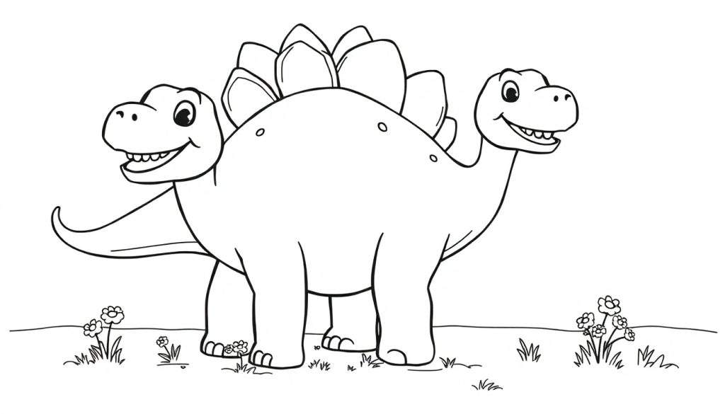 A friendly two-headed Stegosaurus coloring panel.