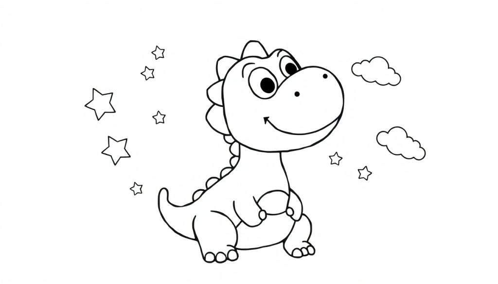 A cute black and white coloring page of a friendly dinosaur roaring, surrounded by playful stars and happy clouds, a fun color panel for kids.