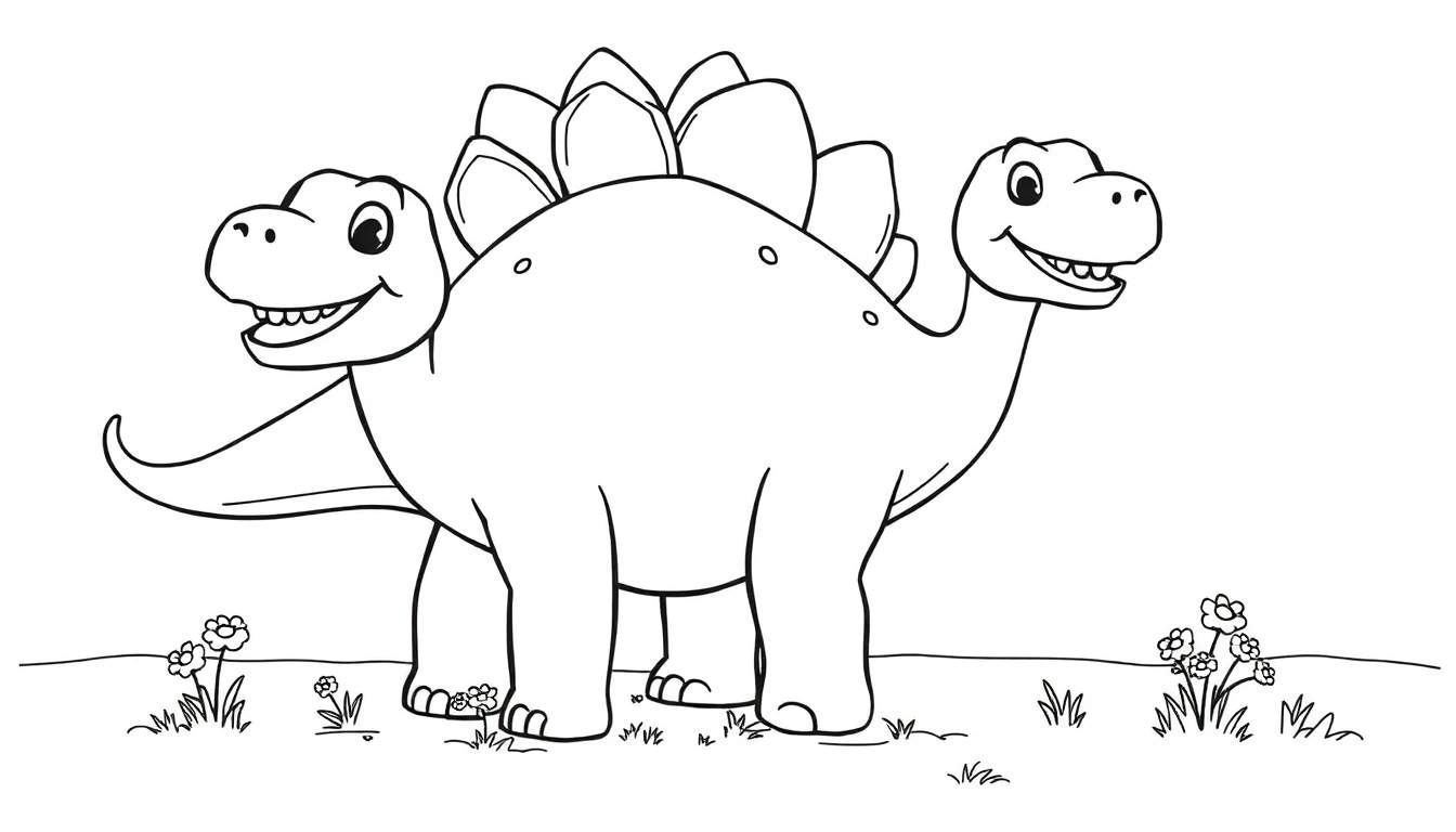 A friendly two-headed Stegosaurus coloring panel.