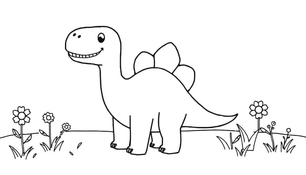 A cute cartoon dinosaur with large back plates, ready for coloring on a color panel.