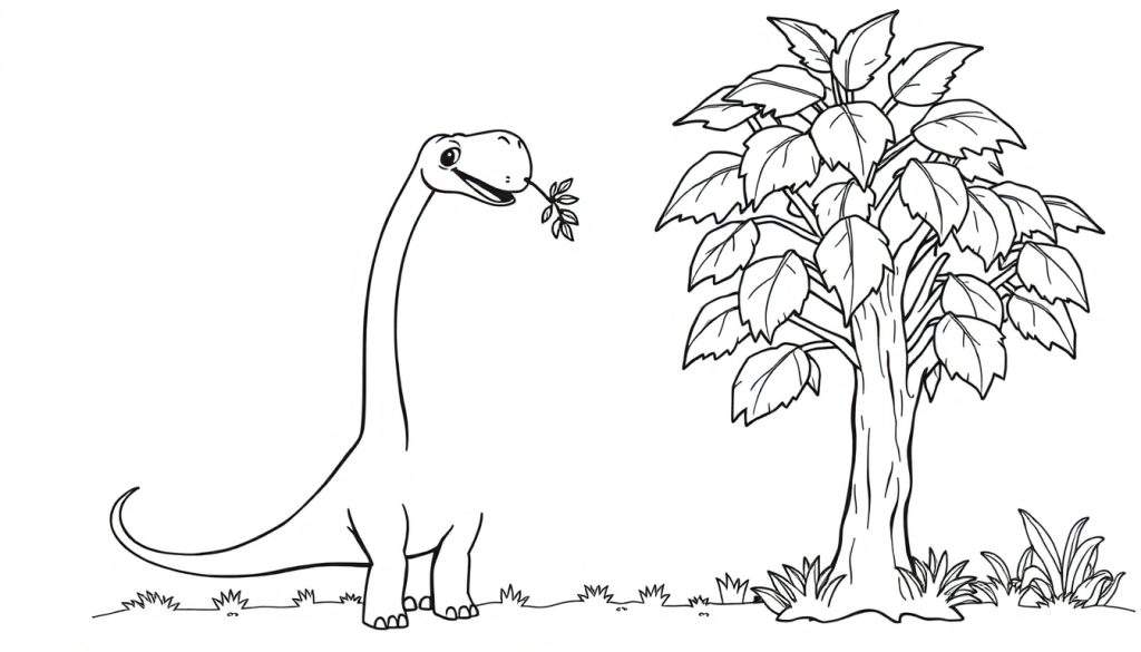 A cartoon Diplodocus eating leaves from a tree, a black and white coloring panel.