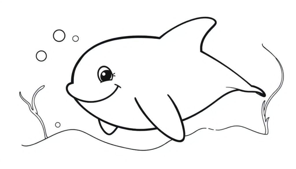 A smiling dolphin, ready for coloring, in a simple ocean scene. This black and white color panel is perfect for young artists.