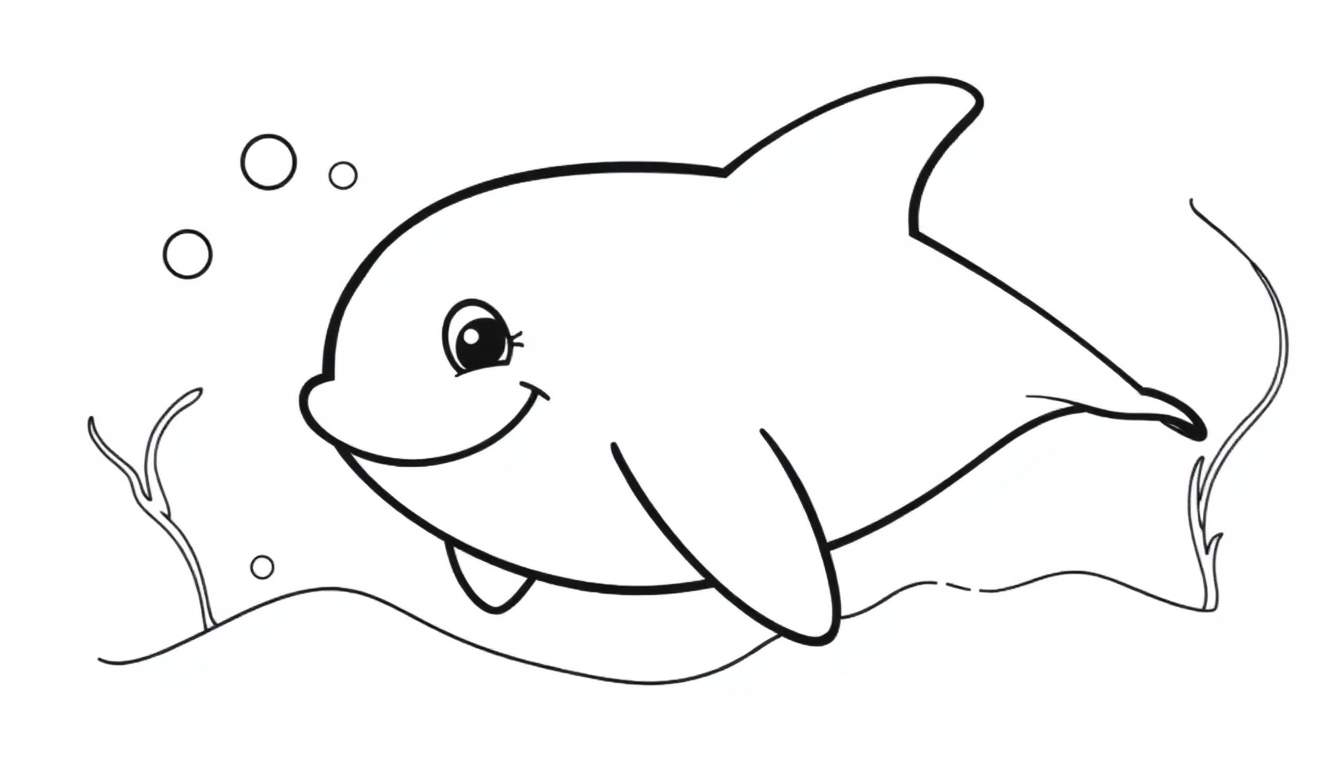 A smiling dolphin, ready for coloring, in a simple ocean scene. This black and white color panel is perfect for young artists.
