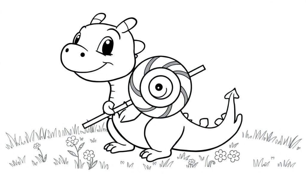 A cute baby dragon holding a giant lollipop, a delightful color panel for kids.