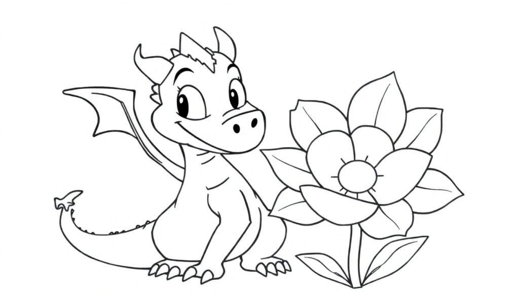 A black and white line drawing color panel of a friendly cartoon dragon sitting next to a large flower.