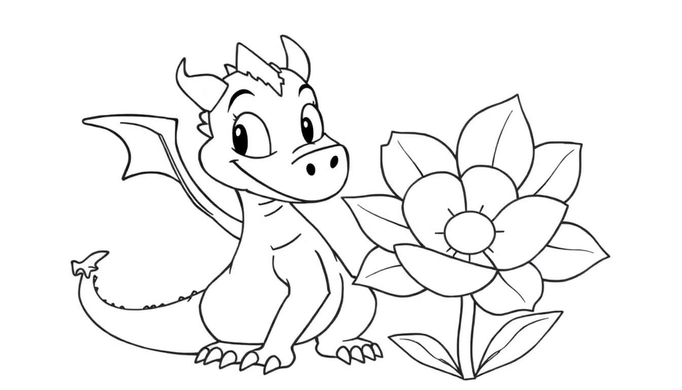 A black and white line drawing color panel of a friendly cartoon dragon sitting next to a large flower.
