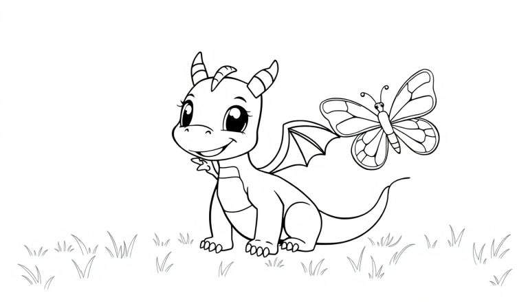 A cute baby dragon in a black and white color panel, smiling as a butterfly hovers nearby.