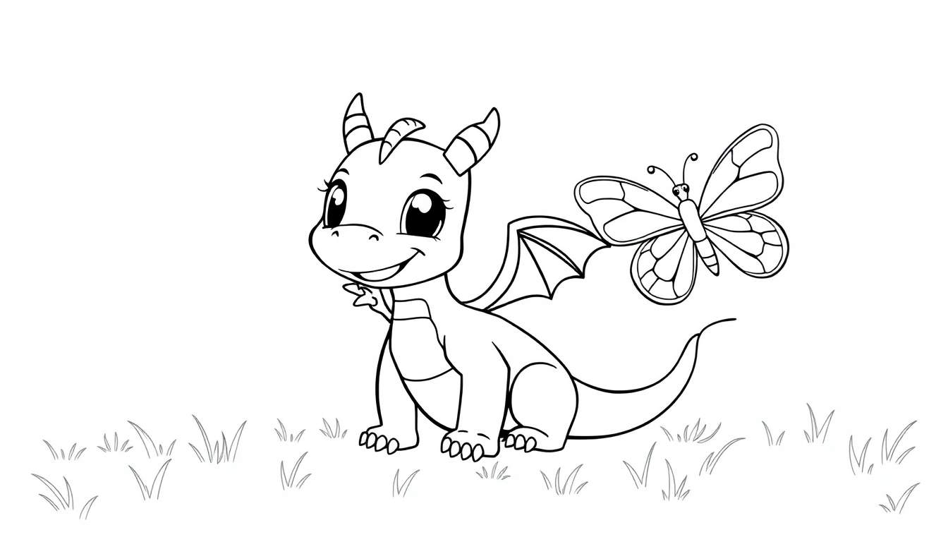A cute baby dragon in a black and white color panel, smiling as a butterfly hovers nearby.