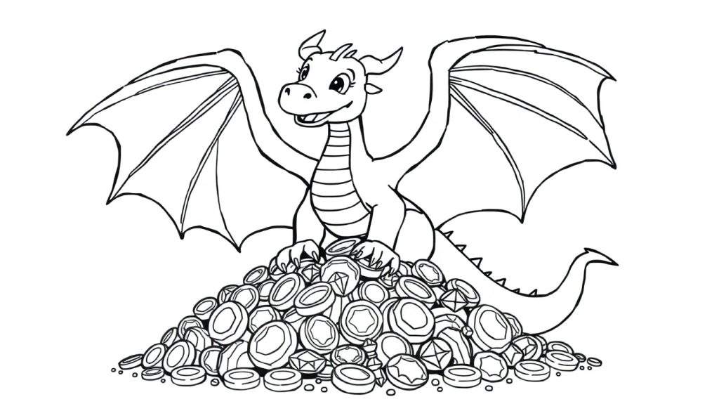 A cute dragon with spread wings and a striped belly sits happily on a pile of coins and jewels, ready for coloring, on this color panel.