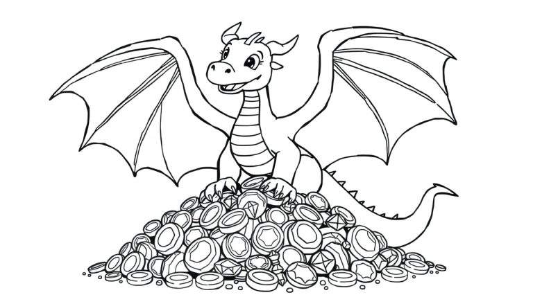 A cute dragon with spread wings and a striped belly sits happily on a pile of coins and jewels, ready for coloring, on this color panel.