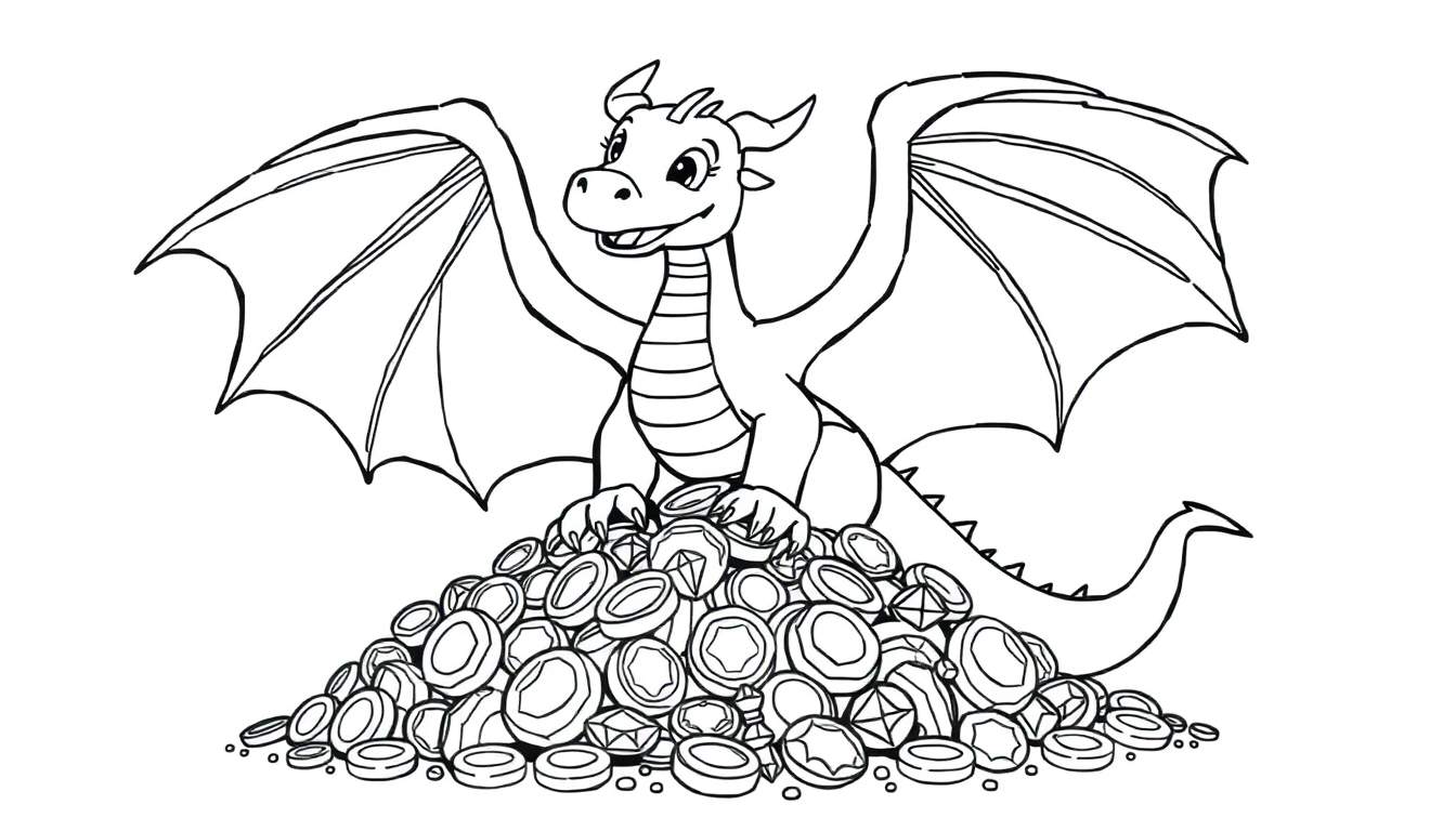 A cute dragon with spread wings and a striped belly sits happily on a pile of coins and jewels, ready for coloring, on this color panel.