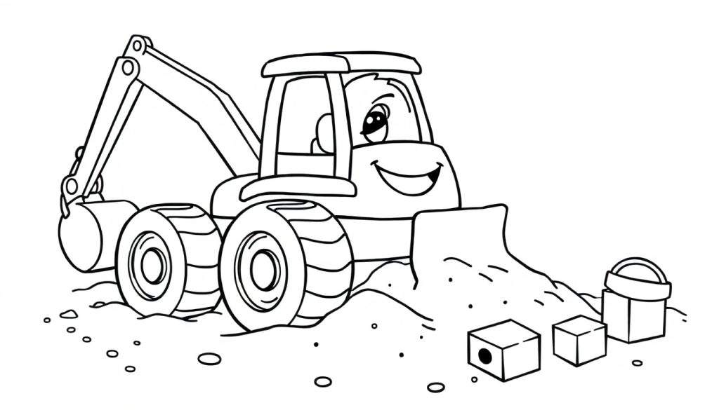 A friendly black and white outline illustration of a smiling excavator digging in dirt, ready for a color panel.