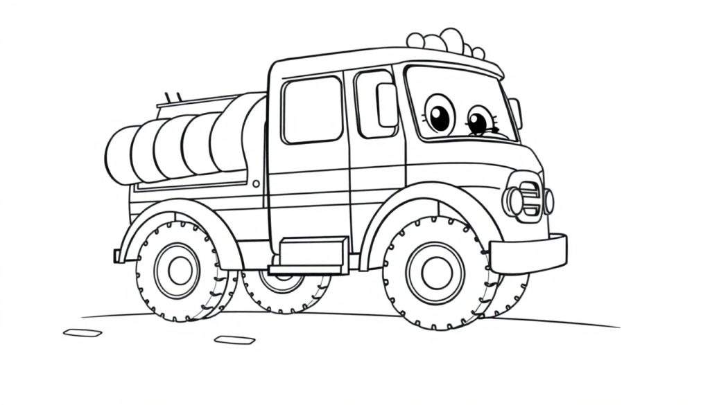 A friendly cartoon fire engine coloring page with big wheels.