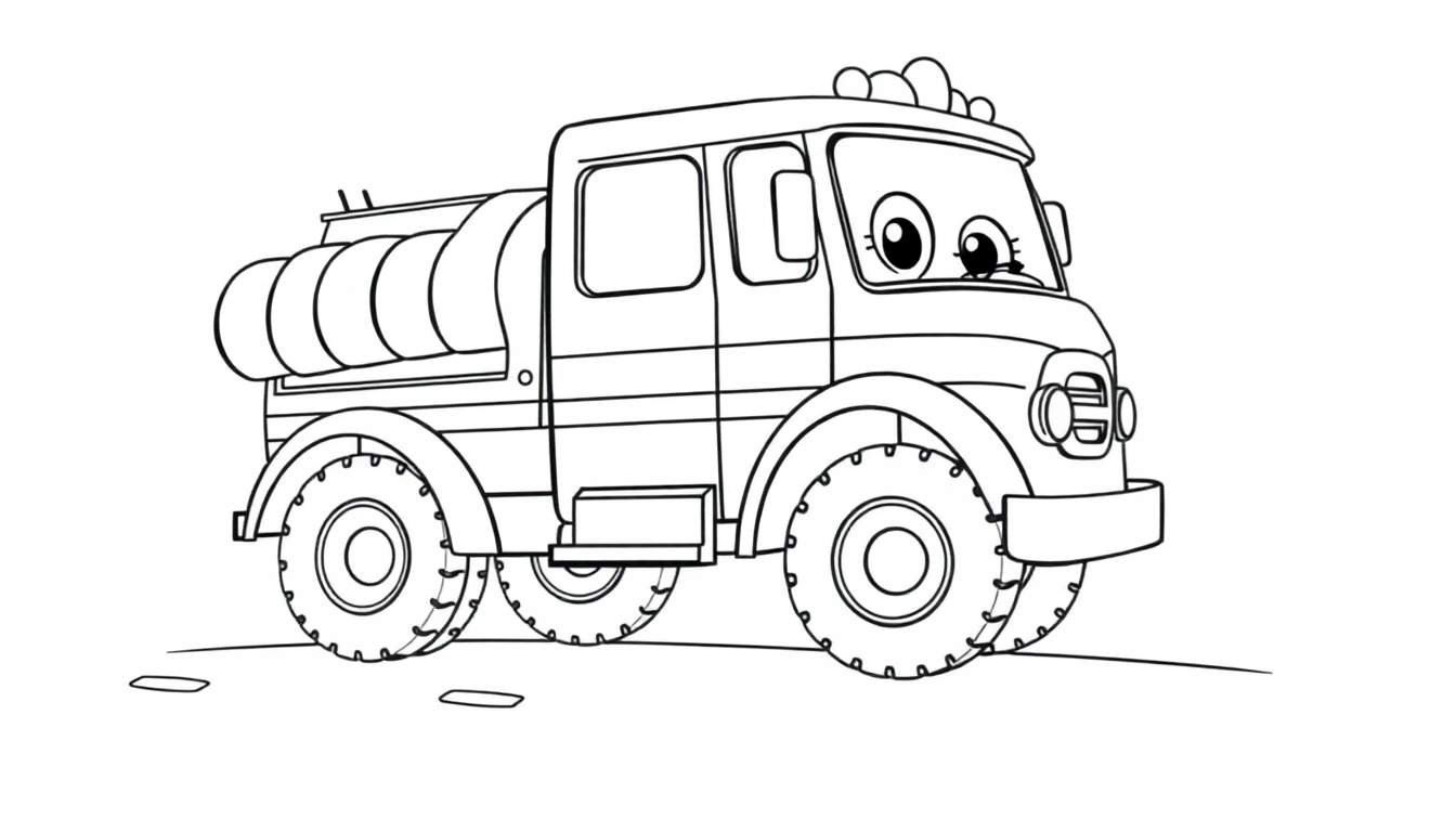 A friendly cartoon fire engine coloring page with big wheels.