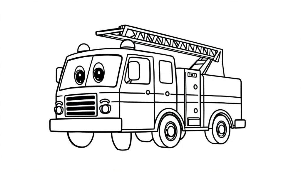 A friendly black and white cartoon fire engine, ready to be colored on a color panel.