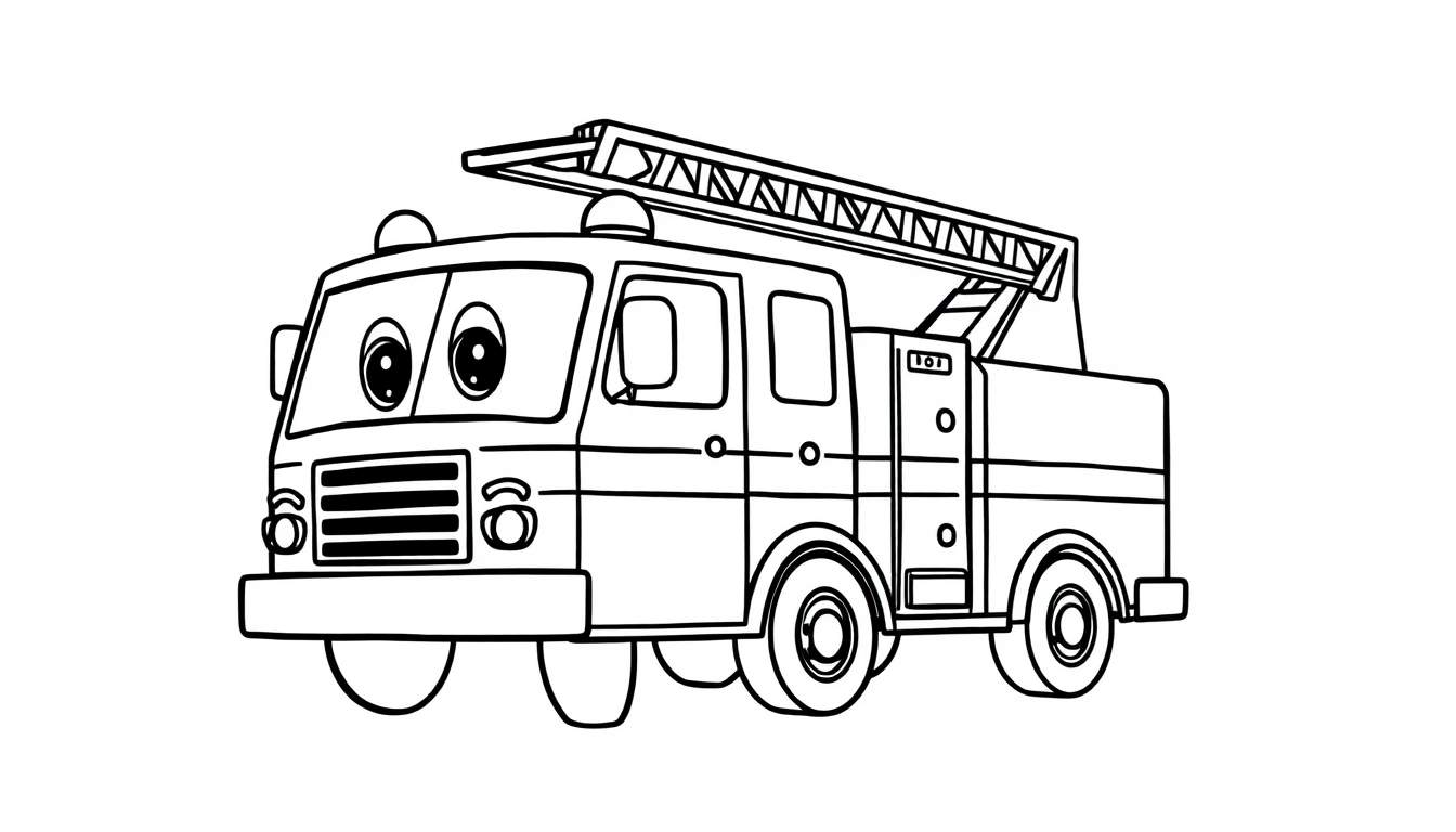 A friendly black and white cartoon fire engine, ready to be colored on a color panel.