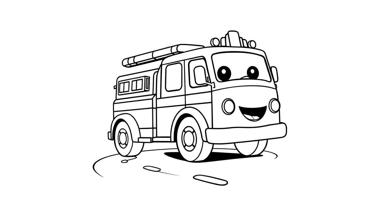 A cartoon fire truck, presented as a black and white color panel, with a cheerful face and large wheels, ready to go.
