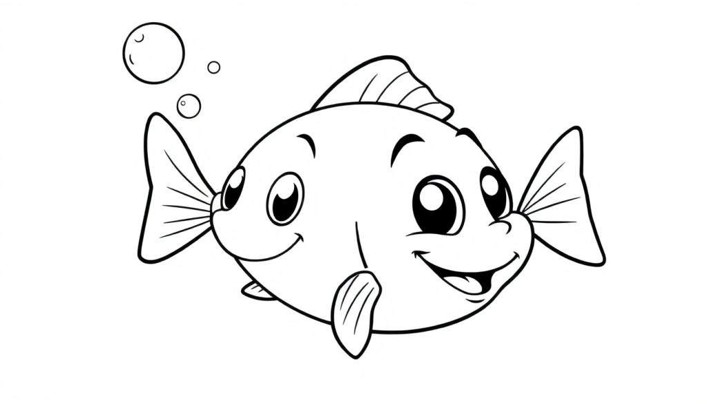 A cute black and white cartoon fish with big eyes and a smile, ready for coloring. This color panel features bubbly underwater fun.