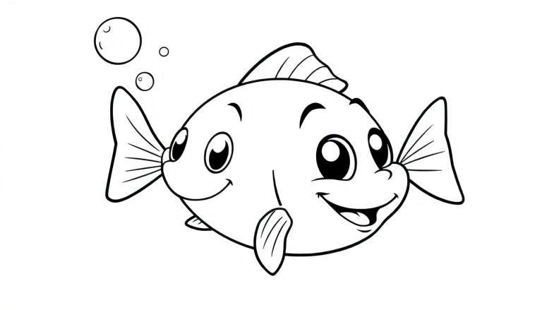 A cute black and white cartoon fish with big eyes and a smile, ready for coloring. This color panel features bubbly underwater fun.