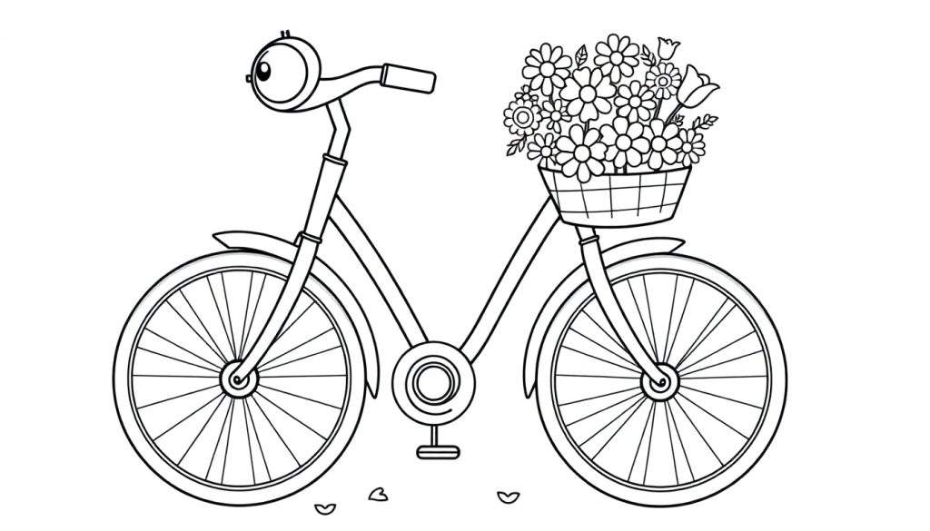 A cute, friendly bicycle with a basket full of flowers, ready for a fun ride! Black and white coloring page for kids, showing a single eye headlight and hearts on the ground, a perfect color panel.