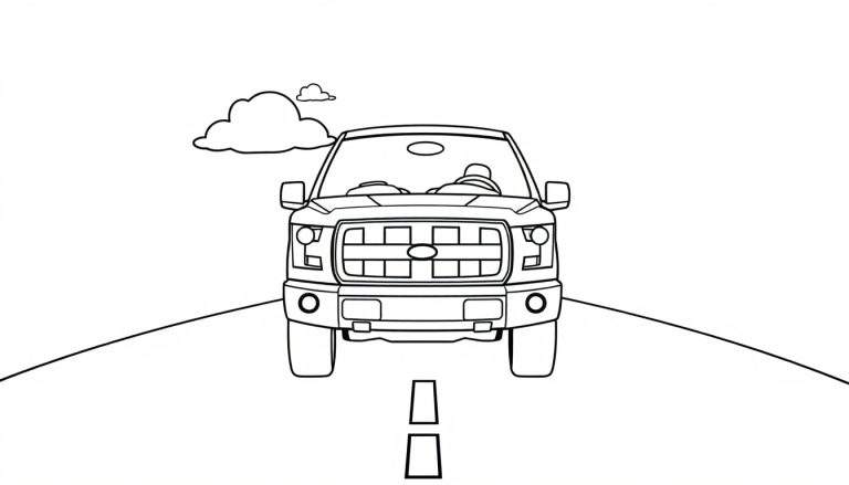 A friendly Ford F-150 truck driving towards you on a road, ready for coloring – a fun color panel!
