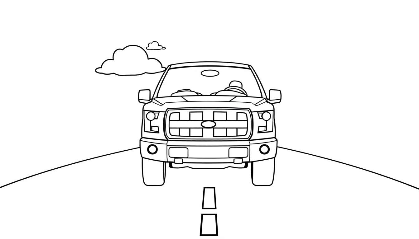A friendly Ford F-150 truck driving towards you on a road, ready for coloring – a fun color panel!