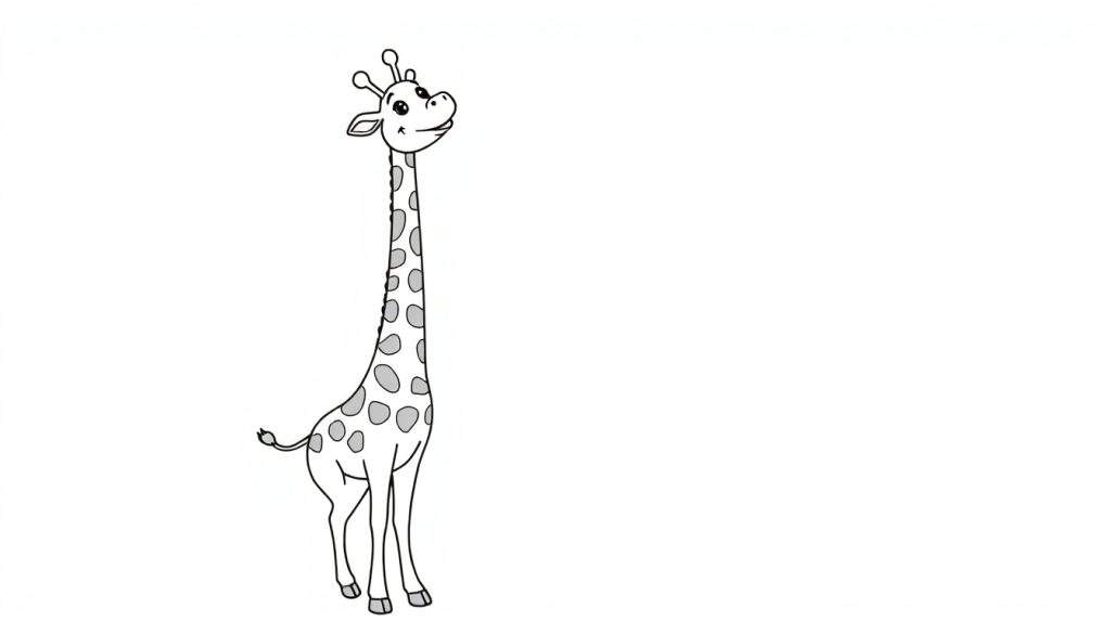 A black and white cartoon giraffe, a lovely color panel for kids, reaching up.