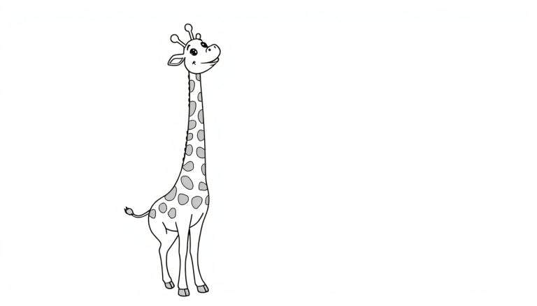 A black and white cartoon giraffe, a lovely color panel for kids, reaching up.