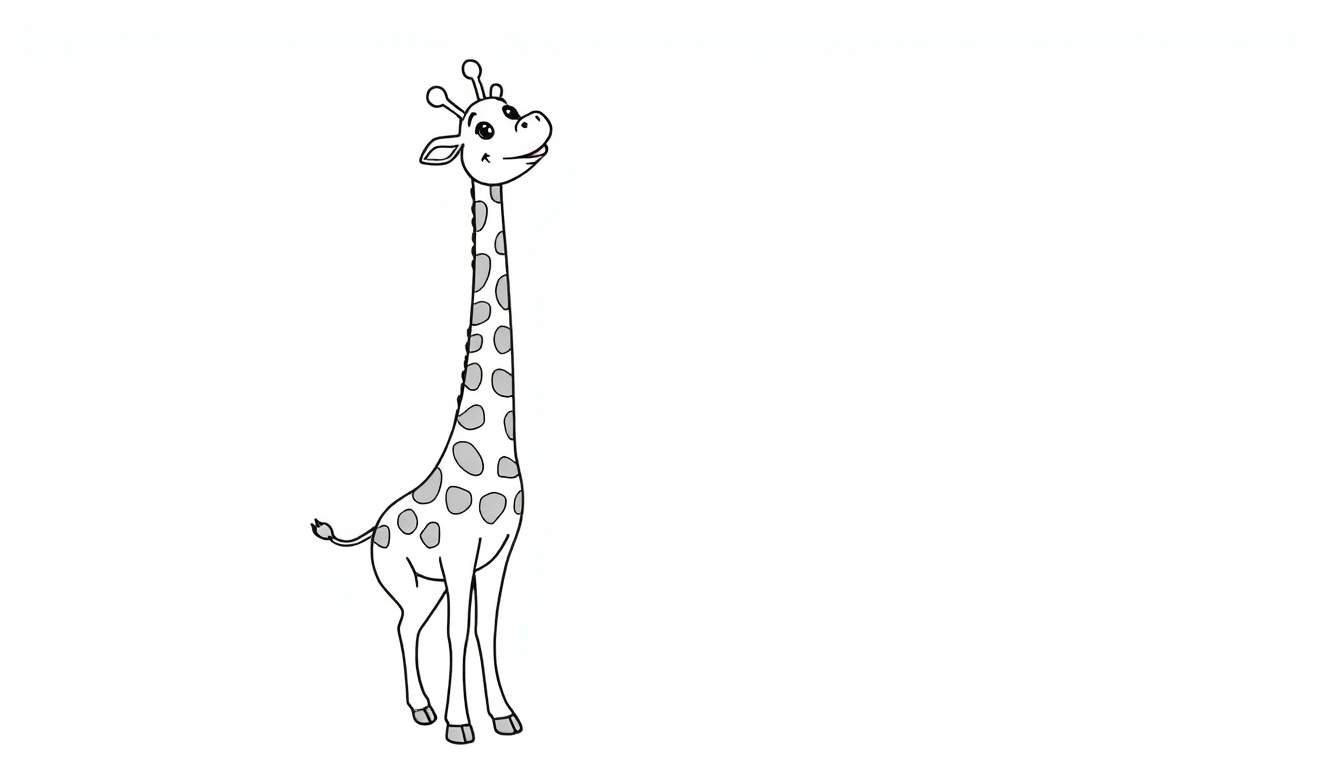A black and white cartoon giraffe, a lovely color panel for kids, reaching up.