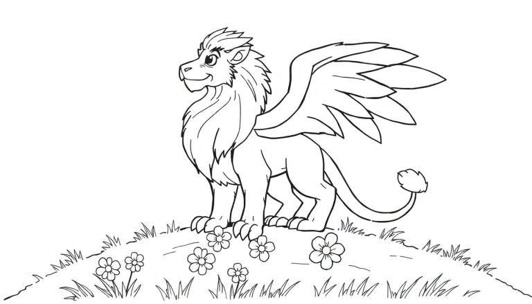 A friendly black and white illustration of a griffin on a grassy hill, ready for a color panel adventure.