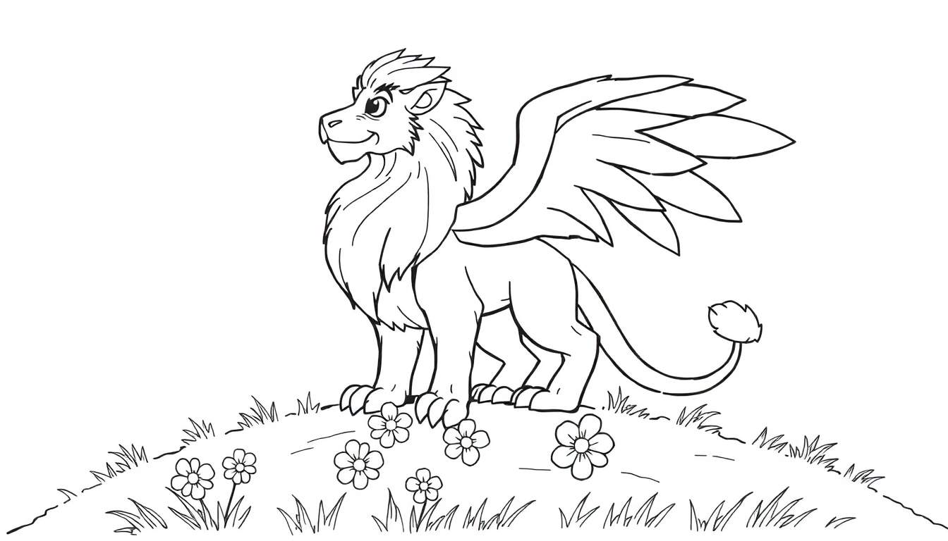 A friendly black and white illustration of a griffin on a grassy hill, ready for a color panel adventure.