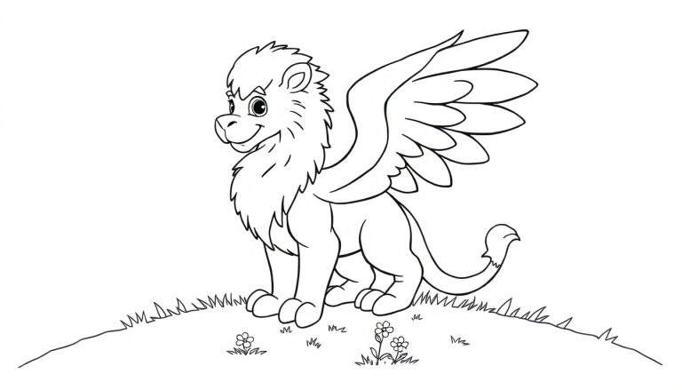 Cute black and white griffin coloring panel, friendly expression, in a grassy field.
