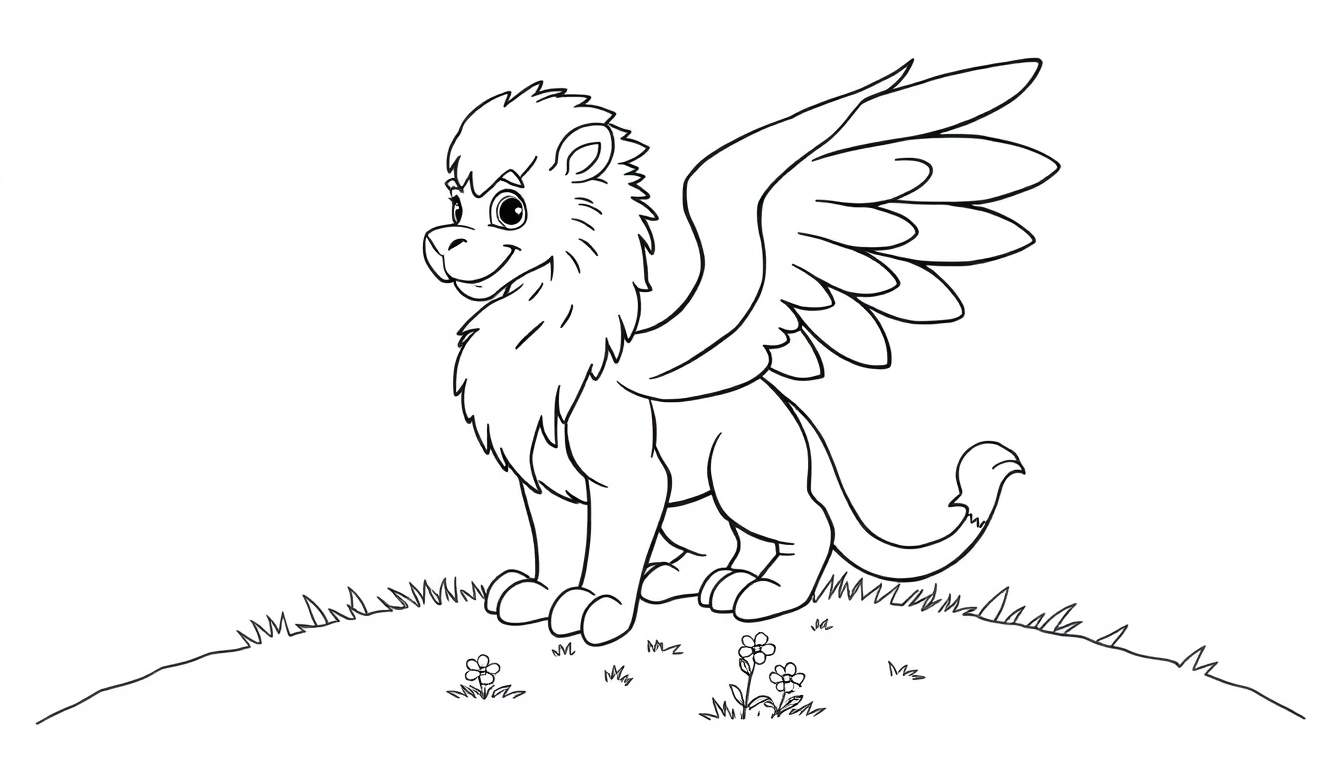 Cute black and white griffin coloring panel, friendly expression, in a grassy field.