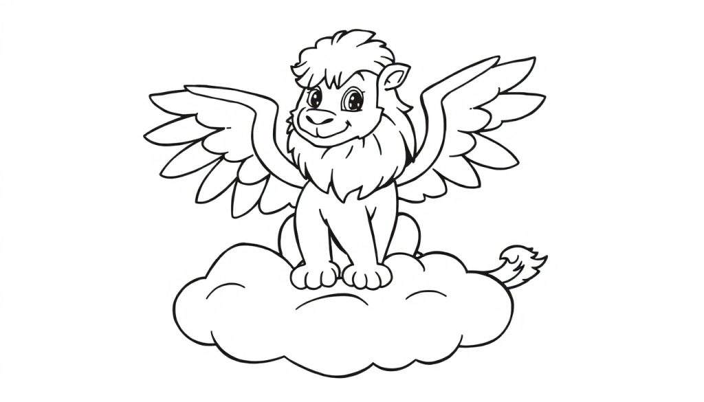 A cute cartoon griffin with big wings, sitting on a cloud, ready for coloring. This is a black and white color panel.