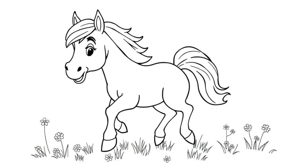 A friendly cartoon horse, a black and white line drawing perfect for a color panel. The horse is trotting with a flowing mane and tail, ready for coloring fun in this color panel.