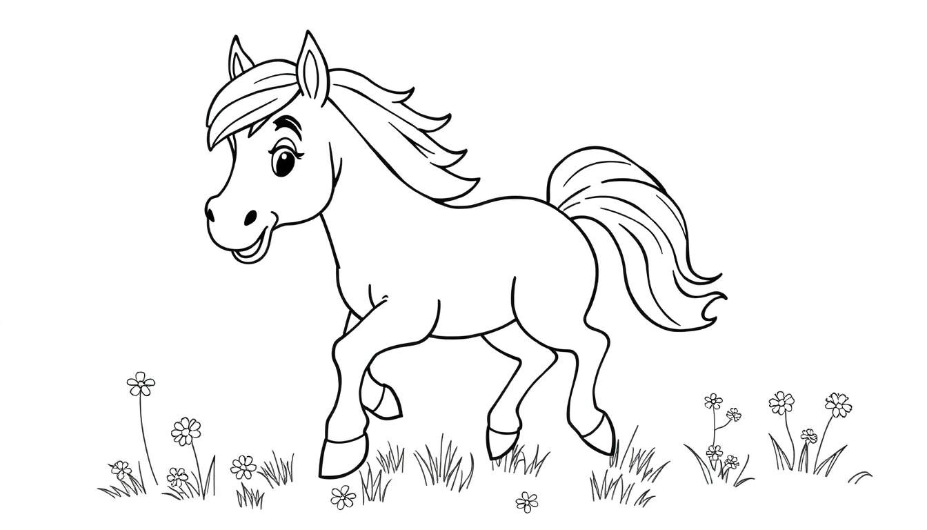 A friendly cartoon horse, a black and white line drawing perfect for a color panel. The horse is trotting with a flowing mane and tail, ready for coloring fun in this color panel.